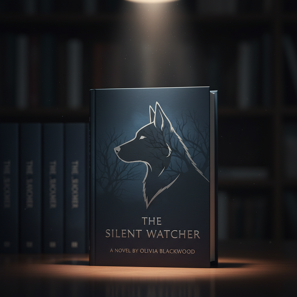 A photorealistic close-up of an elegant, unbranded book cover for a mystery novel, propped upright on a dark wooden table. The cover is deep navy with a glossy, stylized outline of a dog’s profile and faint, shadowy tree branches emerging from the background, hinting at suspense. Behind it, a blurred row of other anonymous books suggests a full series. A single spotlight from above creates a dramatic pool of light on the featured book, with the background fading into velvety darkness. Shot at a slight low angle with shallow depth of field, the atmosphere is sophisticated, cinematic, and intriguing, ideal for showcasing a mystery series on a books page.