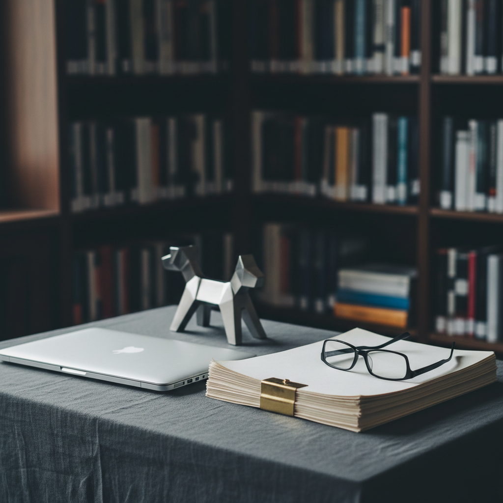 A neatly arranged writing nook showcasing a sleek, closed laptop, a stack of unmarked manuscript pages secured with a brass clip, and a pair of reading glasses folded atop a minimalist, dog-shaped metal paperweight. The scene is set on a charcoal linen-covered table against a blurred backdrop of tall bookshelves filled with varied, untitled spines. Late afternoon natural light filters through an unseen window, washing the workspace in a soft, cool glow and creating gentle reflections on the laptop surface. Captured at eye level with a subtle three-quarter angle and moderate depth of field, the composition feels orderly, intellectual, and slightly mysterious, reflecting the polished, professional world of a mystery author.
