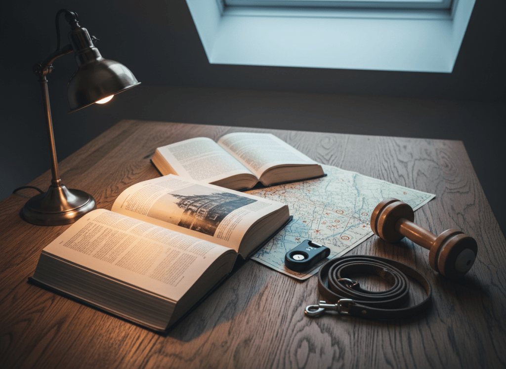 A detailed, photographic still life of research materials for a mystery author: a spread of open reference books with tiny, illegible text, a folded city map marked by small, abstract symbols, and a neatly arranged collection of dog training tools—clicker, leash, and a single, pristine training dumbbell. Everything rests on a textured, dark oak table. Overhead, cool, diffused daylight from a skylight mixes with the warmer glow of a desk lamp, creating nuanced highlights on the metal and leather surfaces. Captured from a slightly elevated three-quarter angle with moderate depth of field, the composition feels methodical, investigative, and refined, ideal for an “About the Series” or process-focused page.
