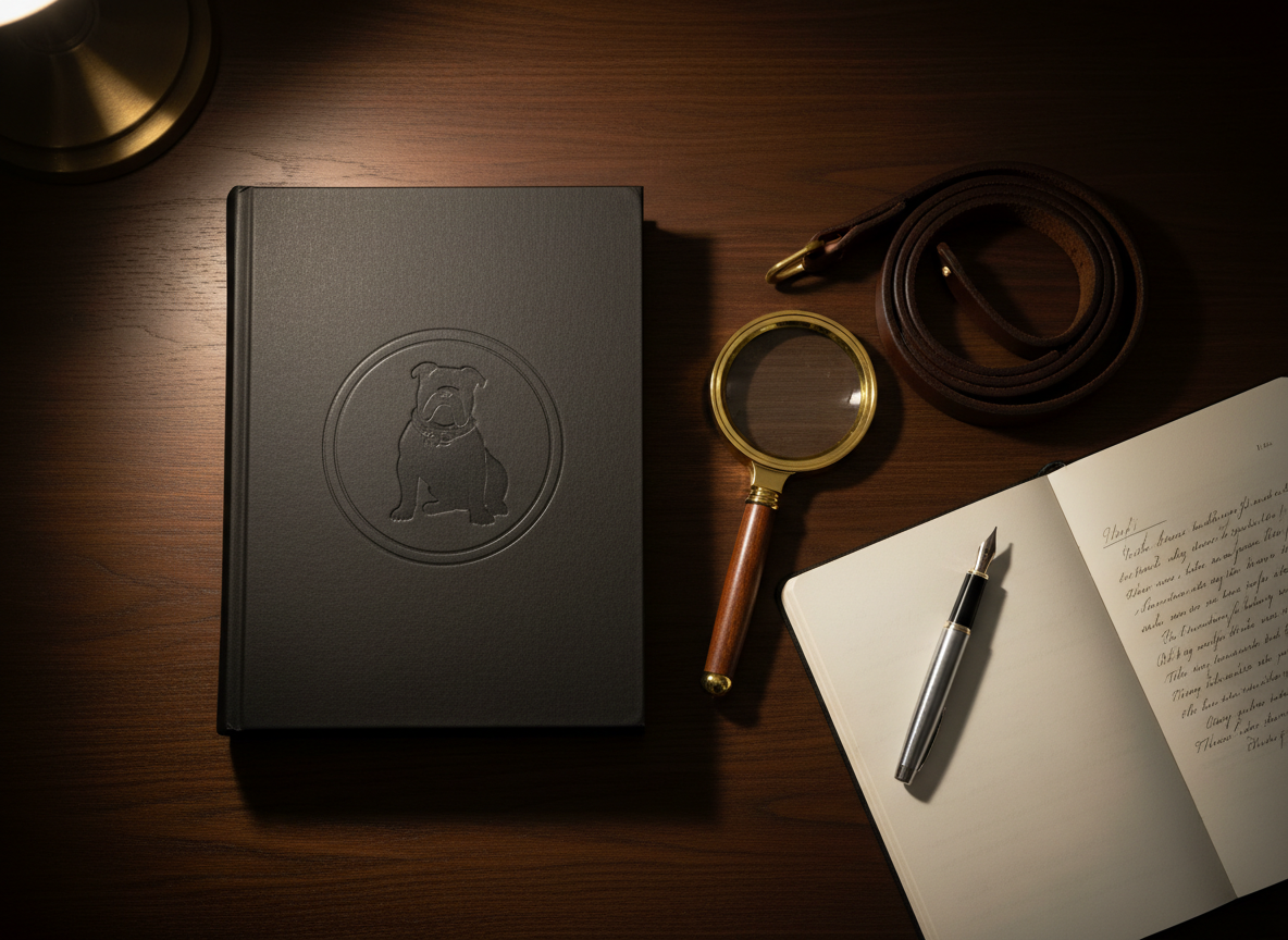 A sophisticated flat-lay of a hardback mystery novel titled only by a blank, matte cover design, featuring an embossed silhouette of a seated dog and a subtle collar-shaped motif. The book rests on a dark walnut desk beside a vintage-style magnifying glass, a leather dog leash coiled neatly, and a fountain pen poised on an open notebook with faint, unreadable scribbles. Soft, directional lamplight from the upper left casts long, elegant shadows, evoking a quiet, late-night writing session. Shot from directly above with photographic realism and a shallow depth of field that gently blurs the desk edges, the mood is refined, enigmatic, and professional, perfectly suited for an author’s homepage hero image.