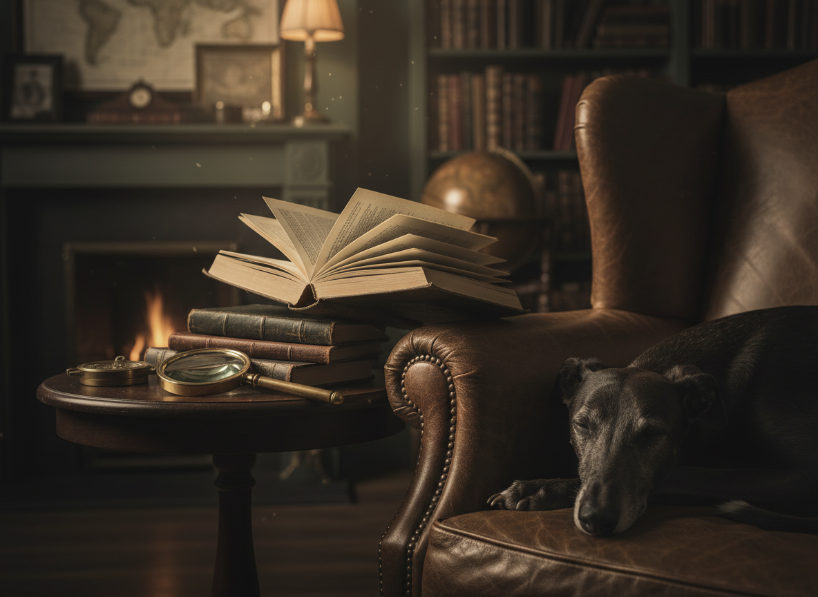A quiet study with warm lamplight, an open book on a leather armchair, a magnifying glass, and a calm dog resting in shadow.